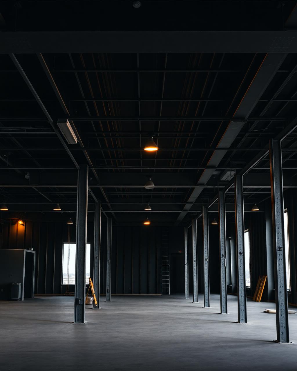 Modern commercial interior build-out with exposed ceiling and polished concrete