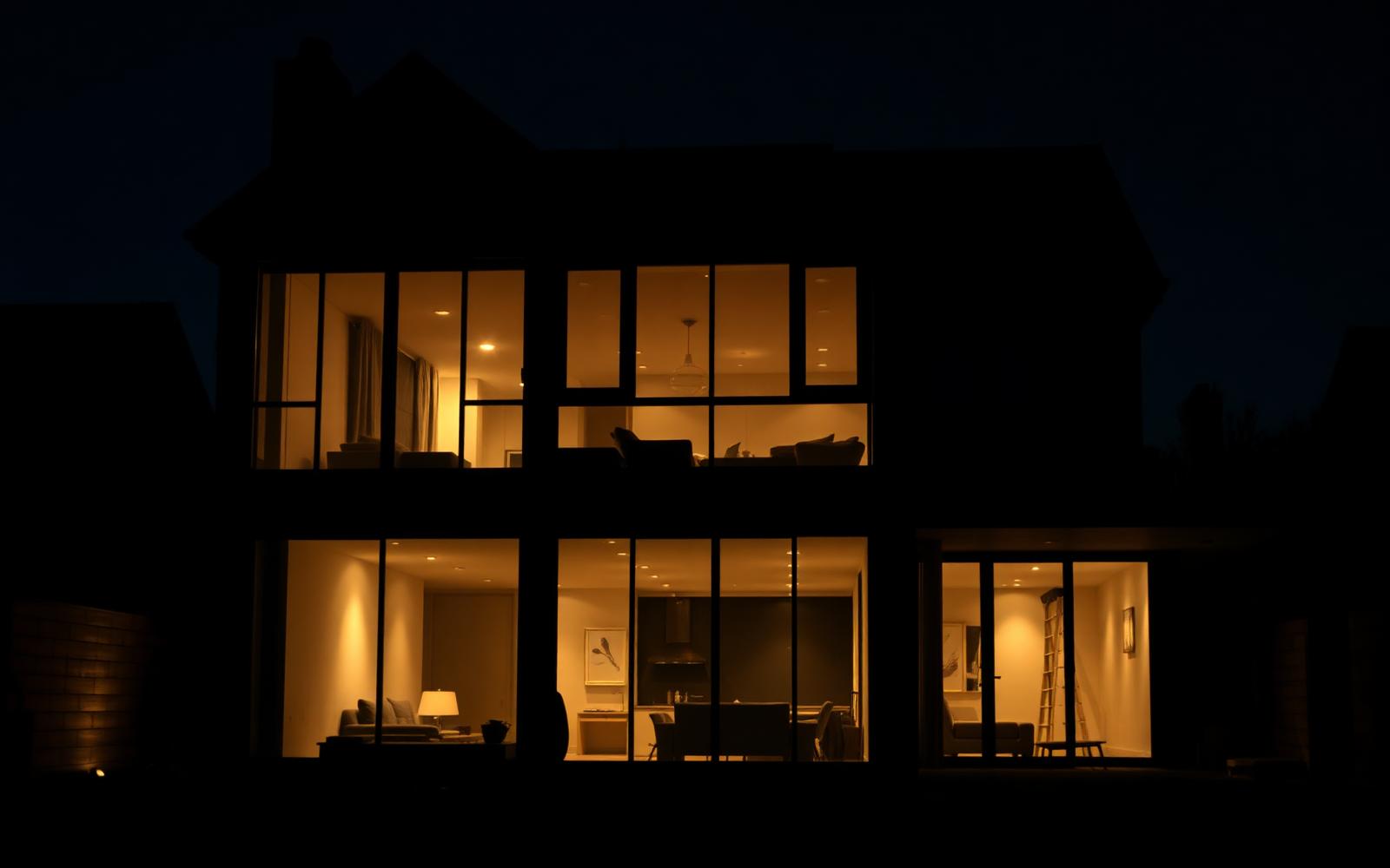Modern home addition with large windows glowing at dusk