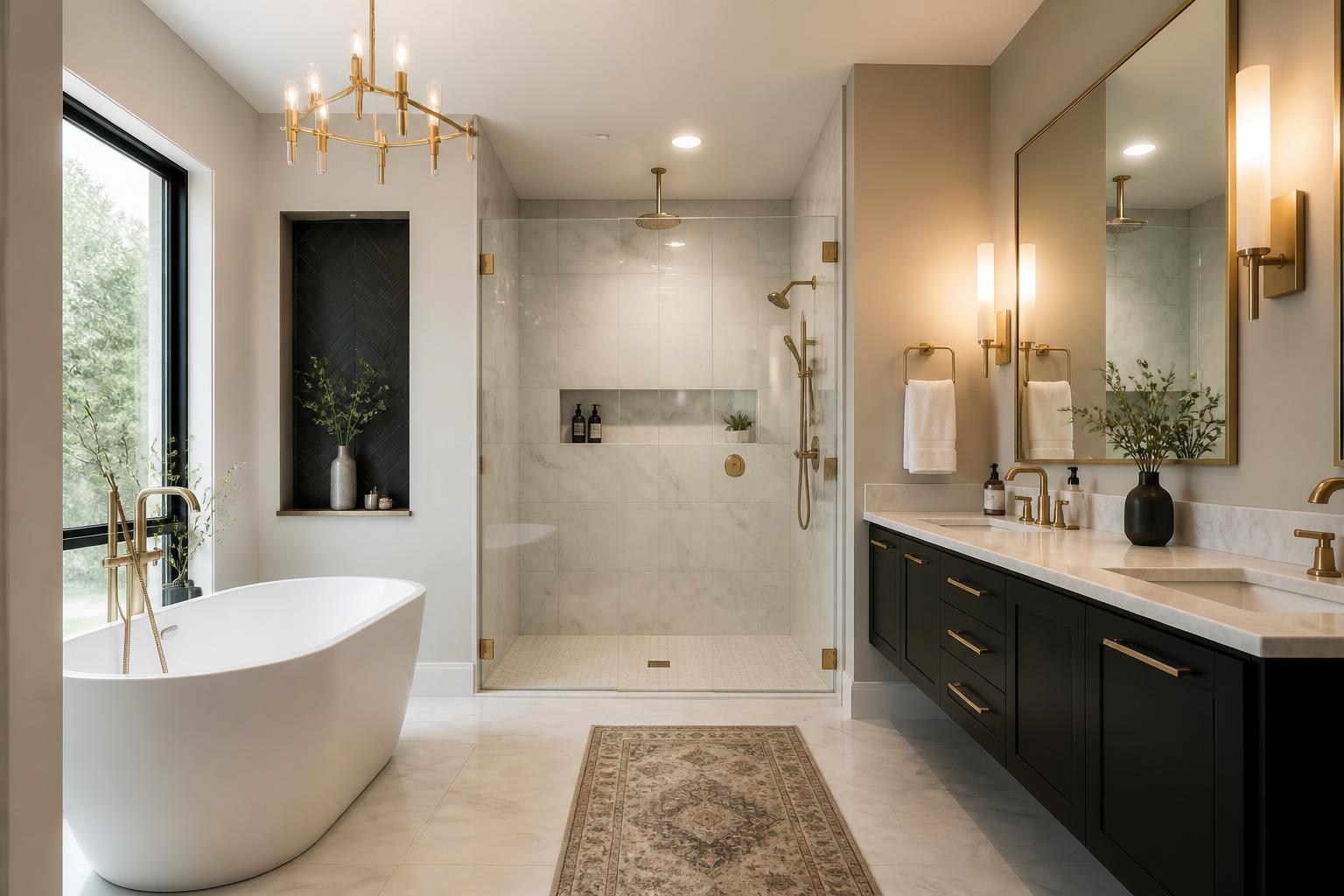 Modern bathroom remodel with freestanding tub, glass shower and gold fixtures