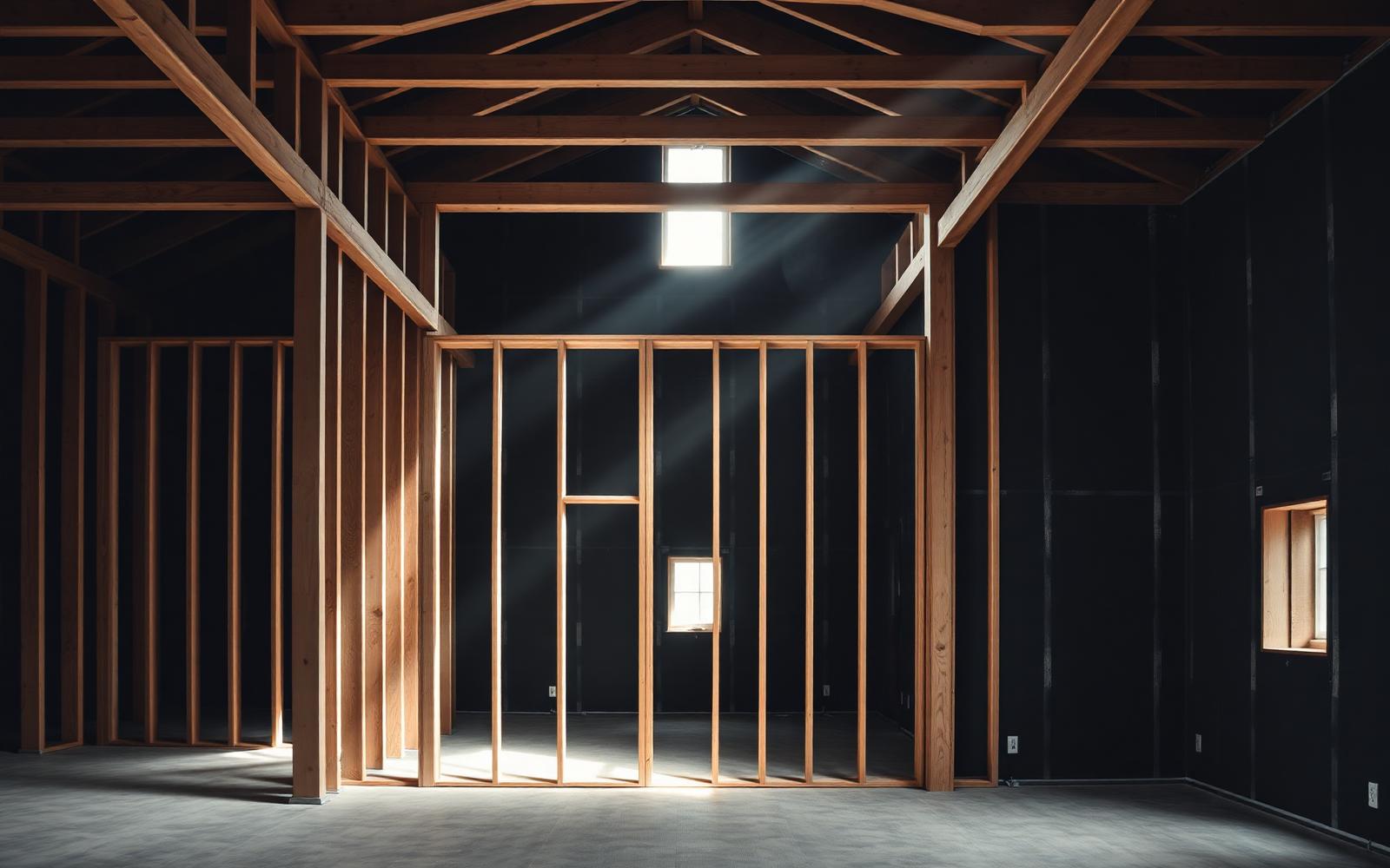 Interior wood stud framing with light falling across the space